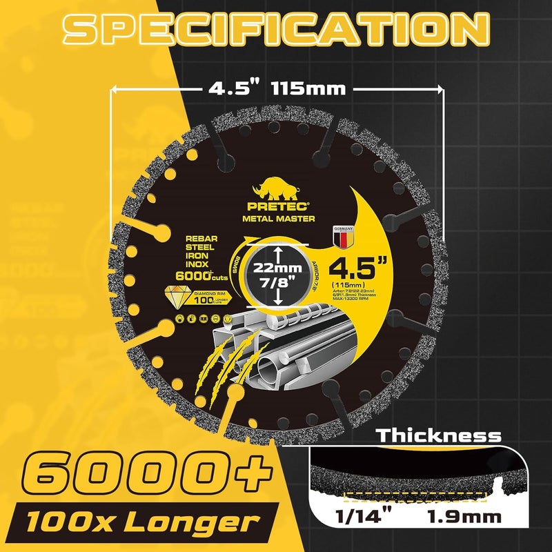 PRETEC Diamond Cutting Wheel 4 1/2 x 7/8 Inch, Angle Grinder Cutting Disc, Carbide Cut Off Wheels, 4 1/2 Cut Off Wheel for Metal with 6000+ Cuts on Rebar, Steel, Iron and INOX - 3Pack - Image 5